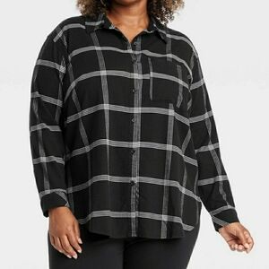 Women's Long Sleeve Flannel Button-Down Shirt - Ava & Viv™ Black Plaid Size: XXL